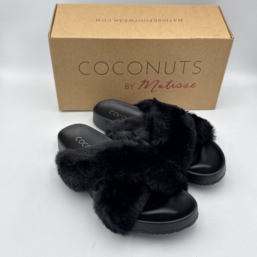 Coconuts by Matisse Seasons Faux Fur Slides Black Women's Size 8M w/ Box